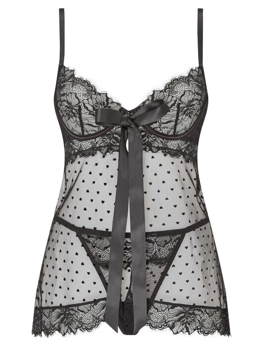 Bon Bon Flocked Heart Babydoll 2 Piece Lingerie Set image number 3.0