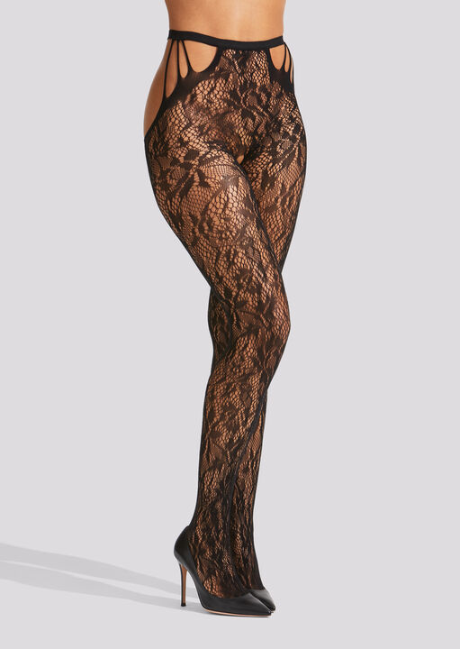 Lace Strappy Crotchless Tights image number 1.0