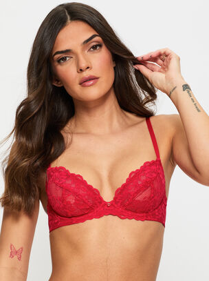 Sexy Lace Non Padded Plunge Bra - Red